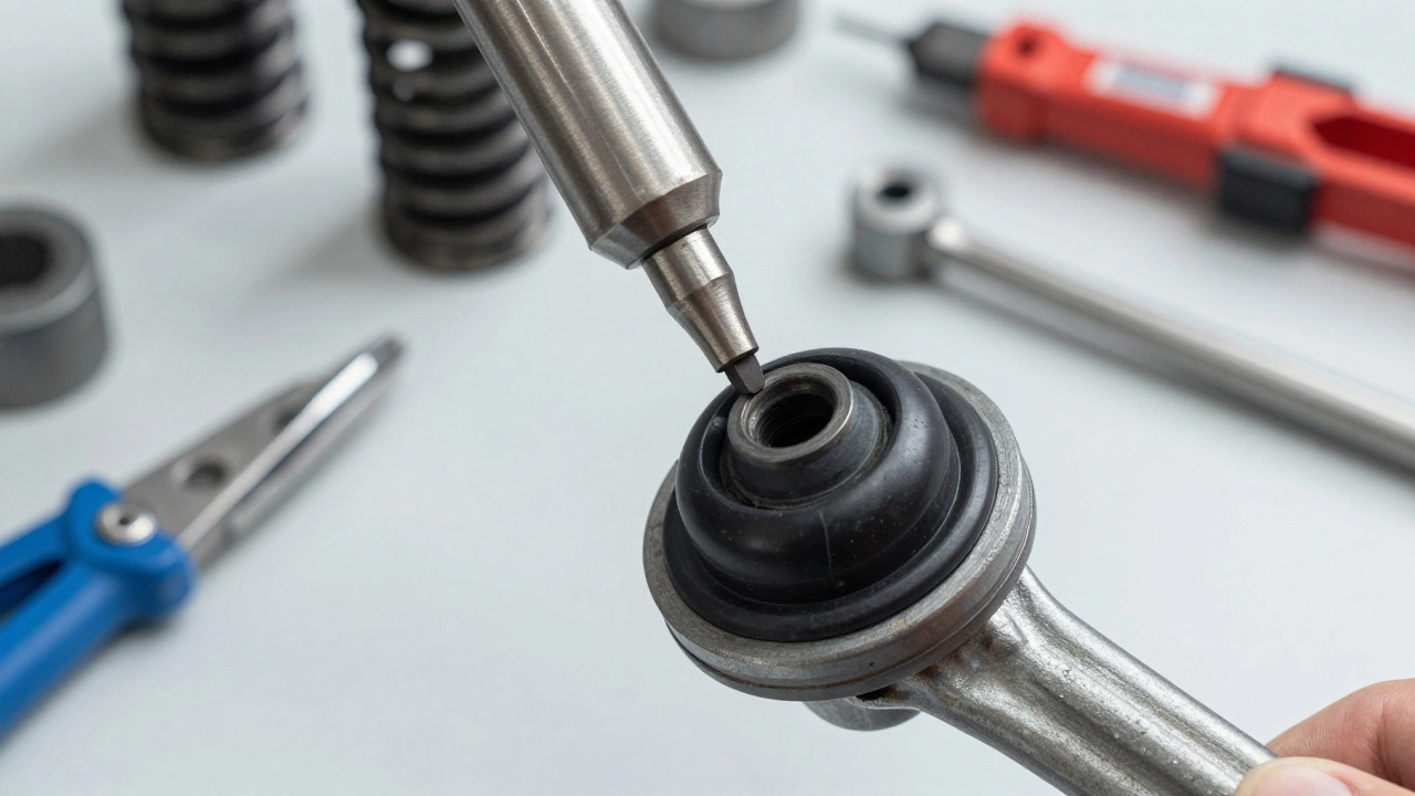 Hydraulic press installing a new rubber bushing into a metal control arm
