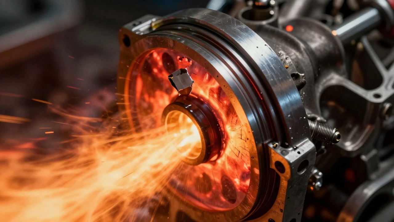 Macro view of a scratched piston crown and broken spark plug fragment causing pre-ignition.
