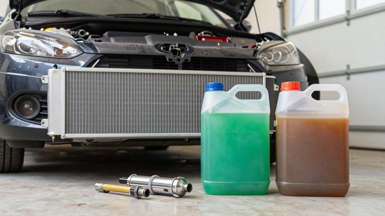 Mechanic checking coolant levels with fresh green vs old rusty fluid samples.