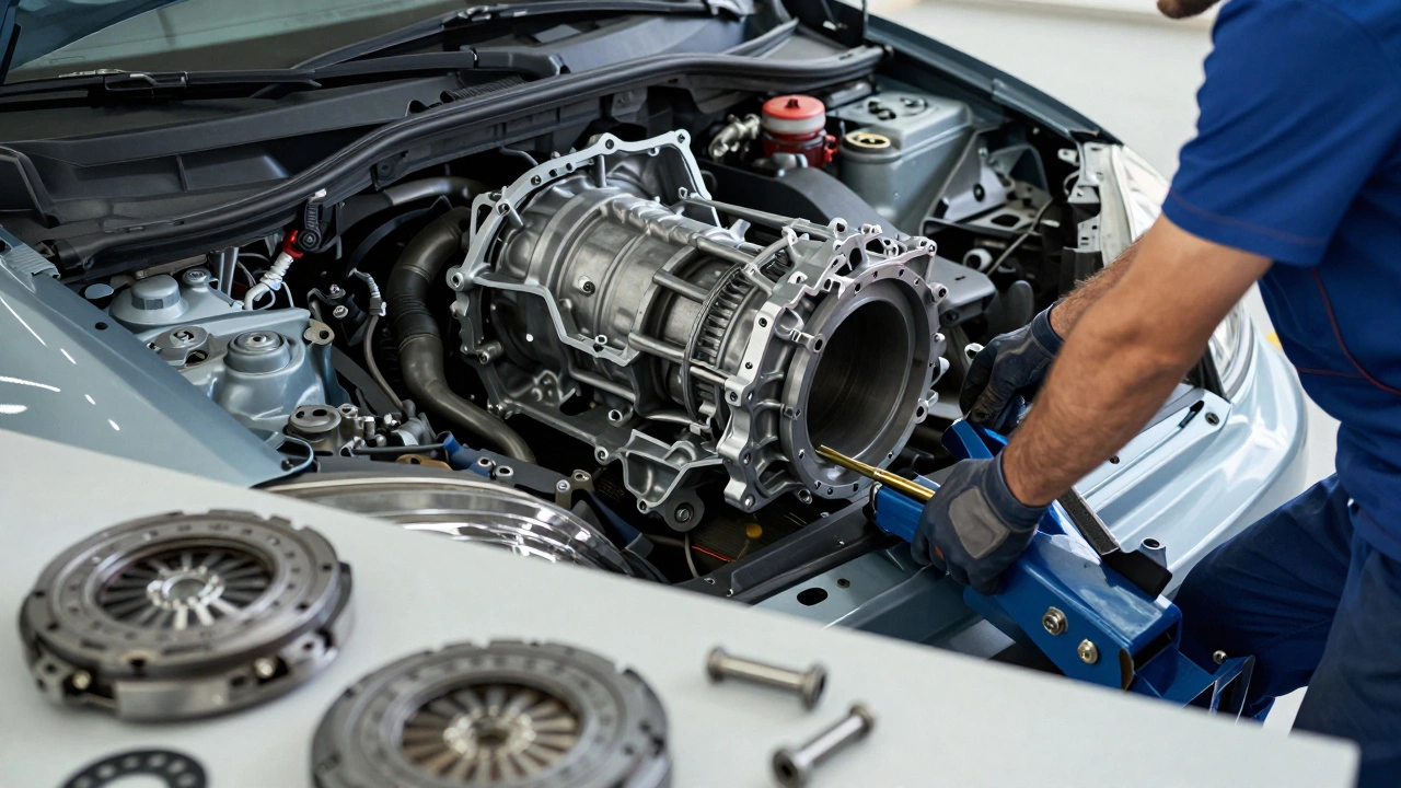 Mechanic lifting transmission from engine bay