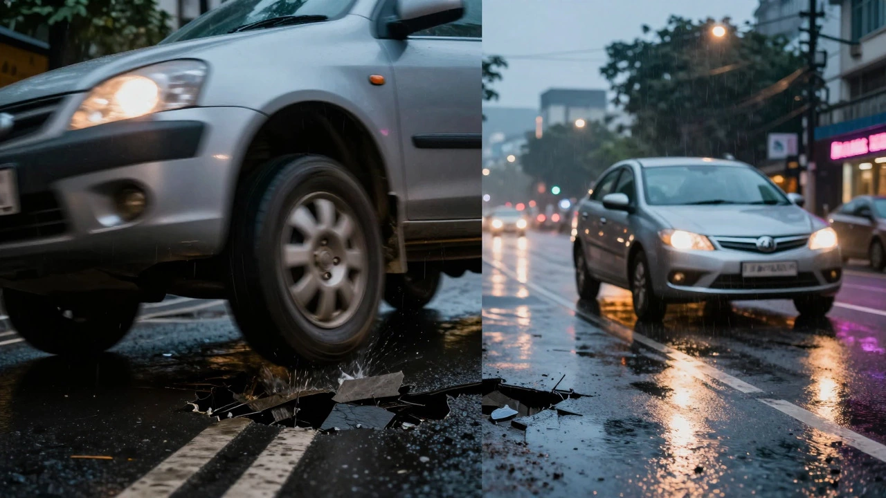 Car driving smoothly on wet road versus bouncing on rough surface