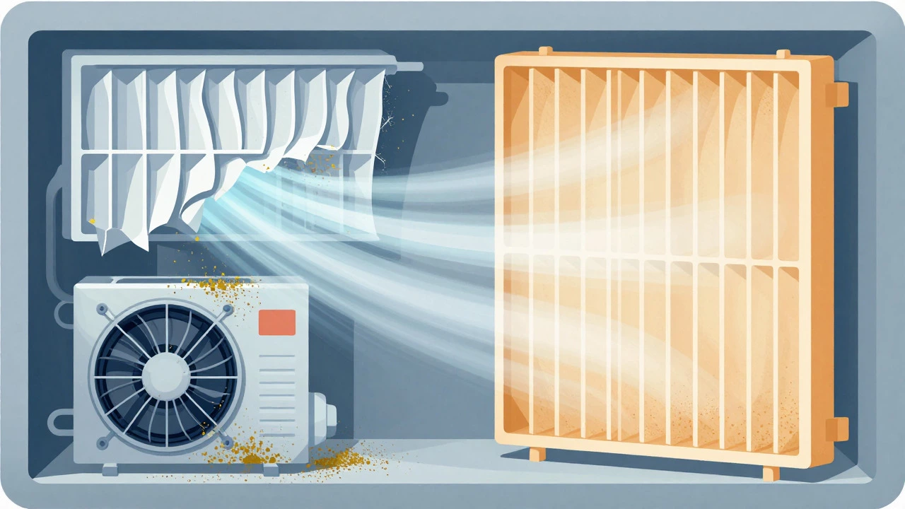 Cross-section comparing dirty HVAC components from cheap vs clean from premium filters