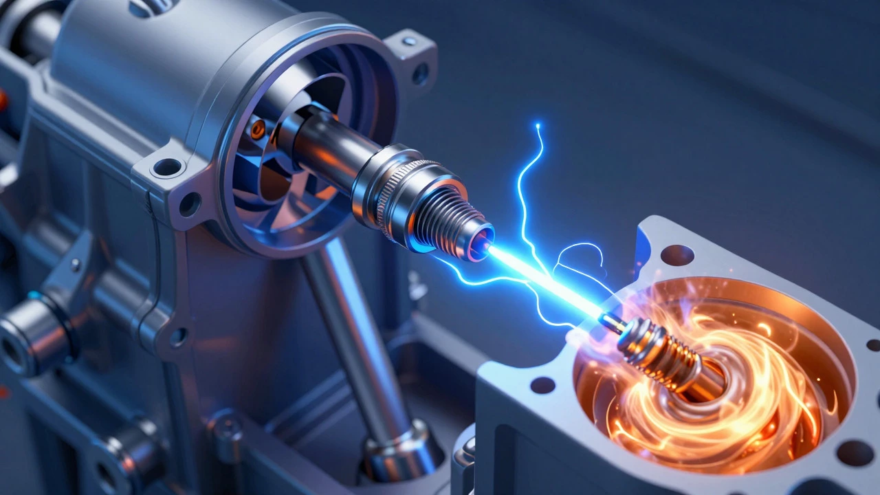 Cross-section illustration of a spark plug igniting fuel-air mixture in an engine