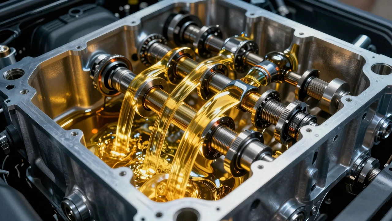 Cross-section illustration of oil circulating inside a car engine