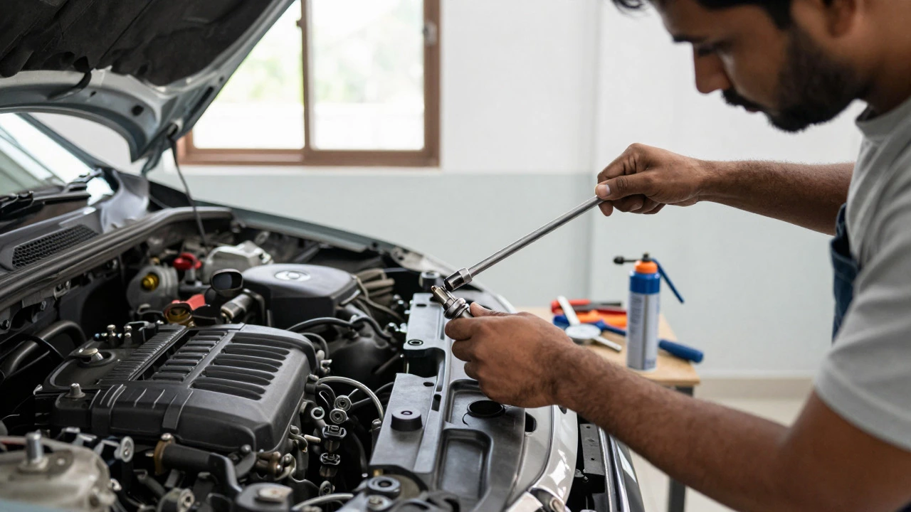 DIY enthusiast installing spark plugs with torque wrench in a home garage