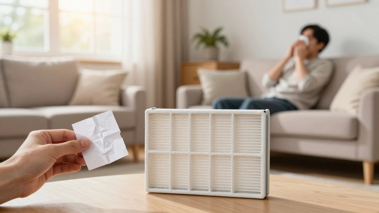 Hand holding filter parts in a bright living room suggesting health benefits