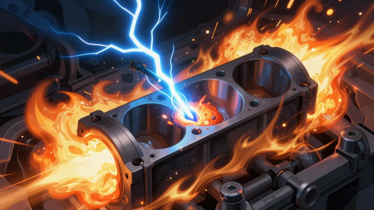 Illustration of a spark plug igniting fuel mixture inside an engine cylinder