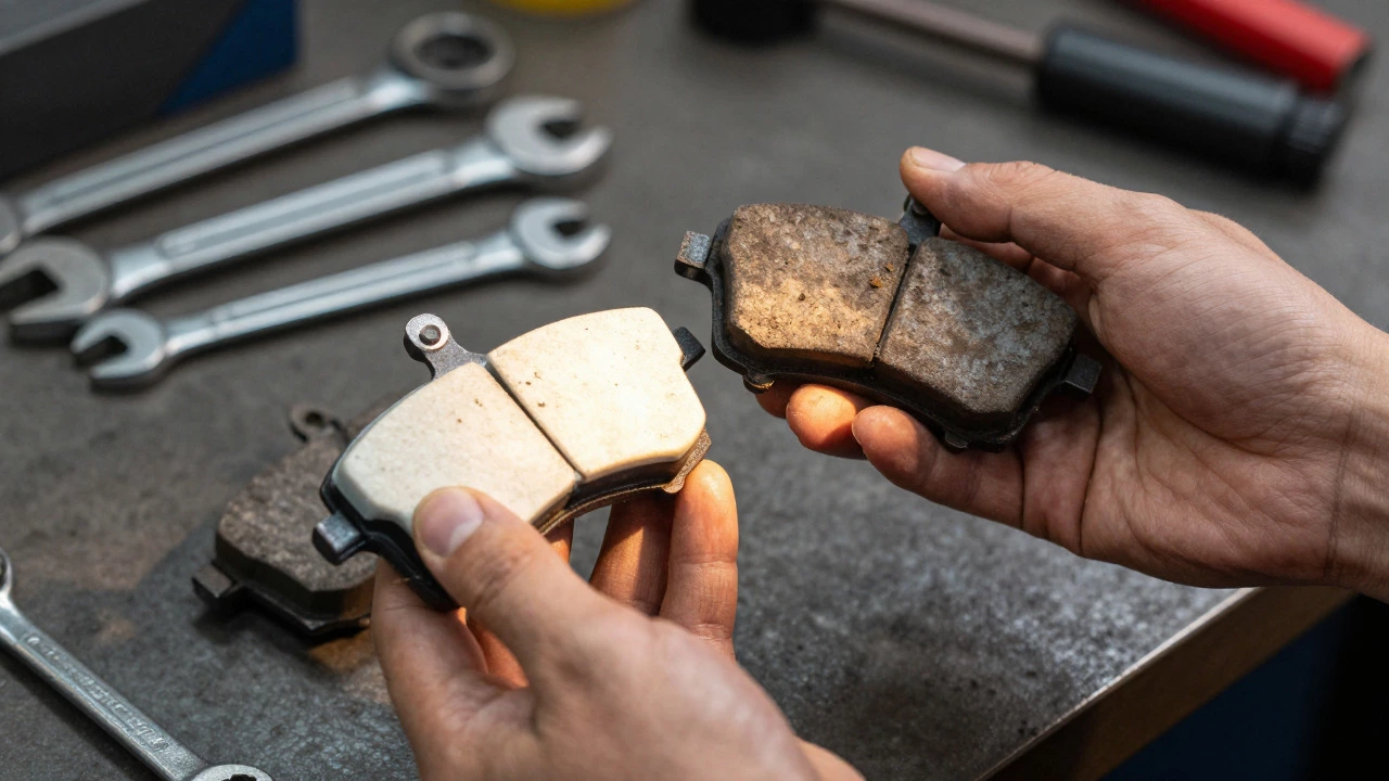 Mechanic comparing new ceramic and old semi-metallic brake pads