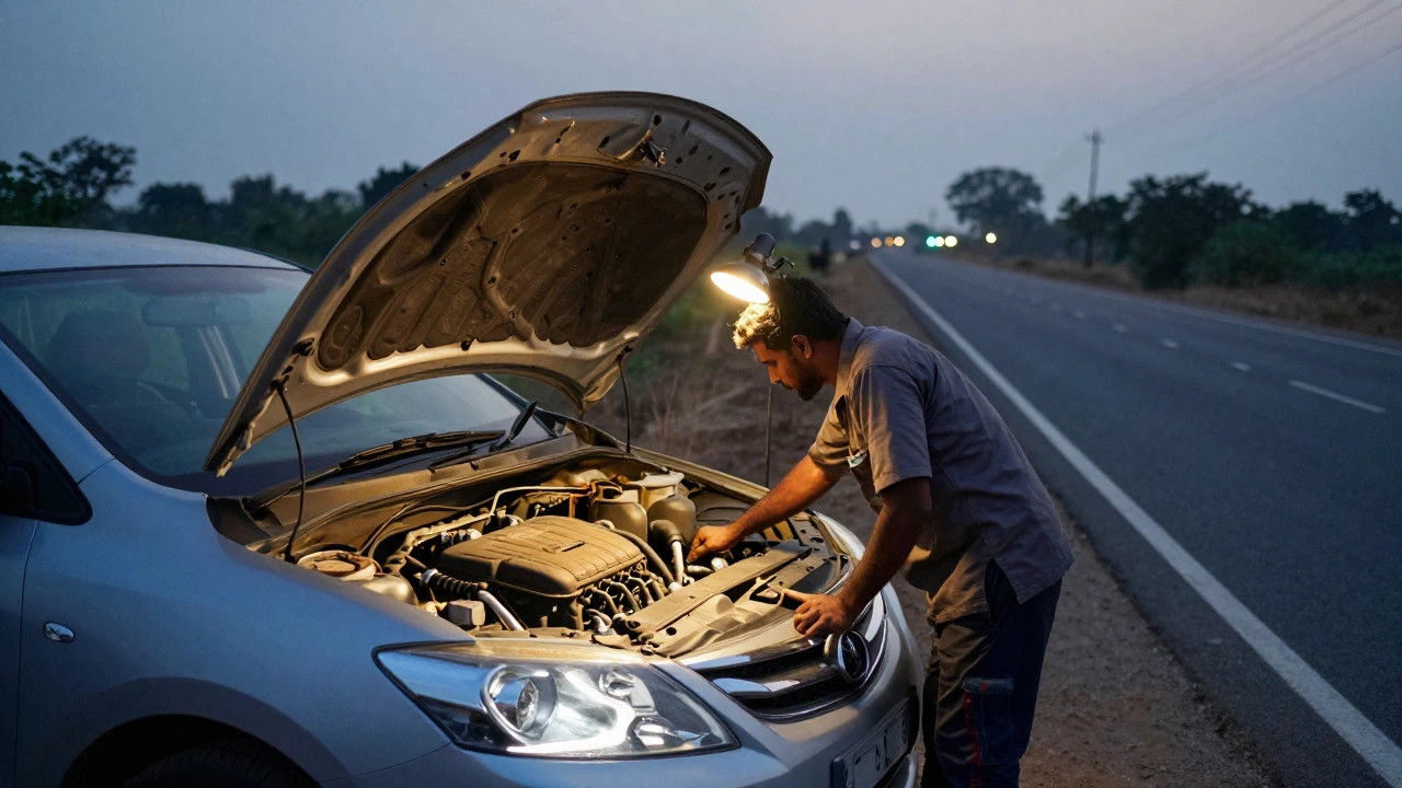 Mechanic inspecting car engine on roadside shoulder during evening hours