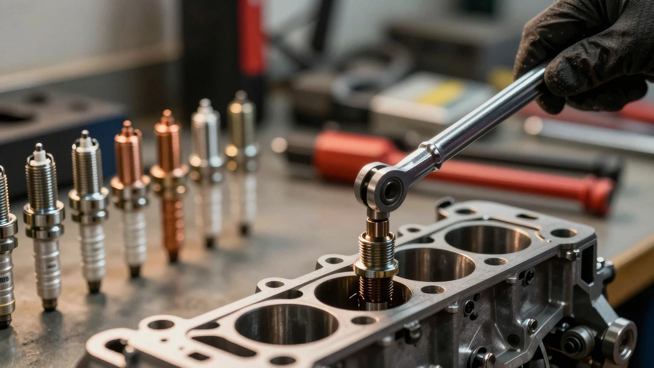 Mechanic using a torque wrench to install a spark plug into an engine