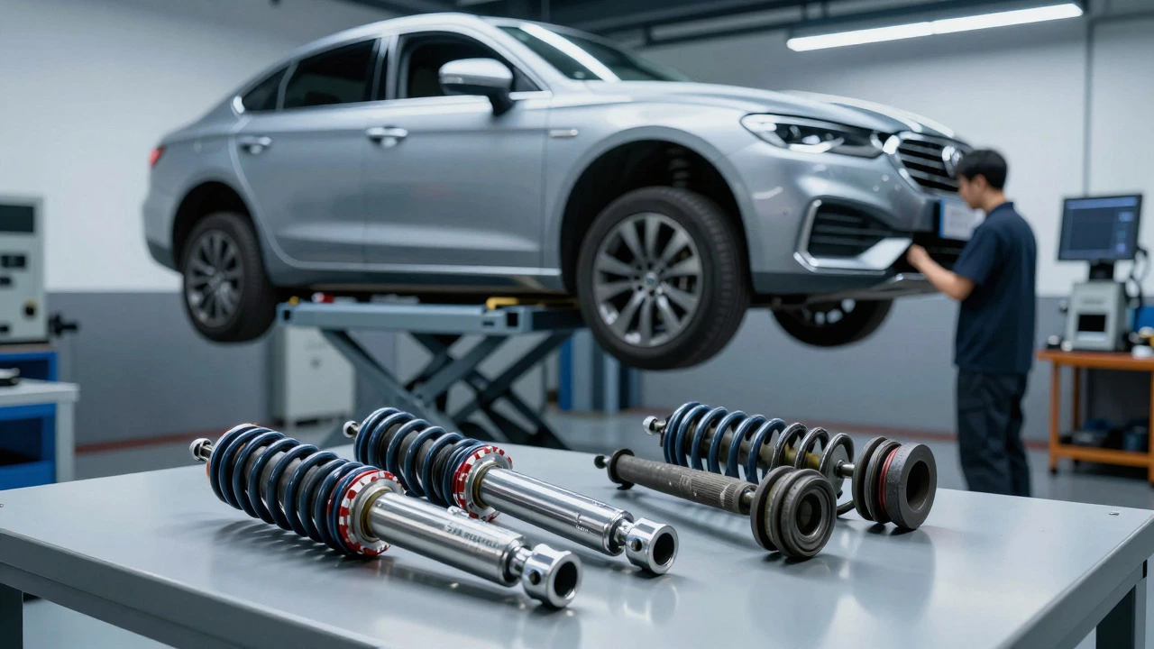 New shock absorbers compared to old ones in an auto repair shop