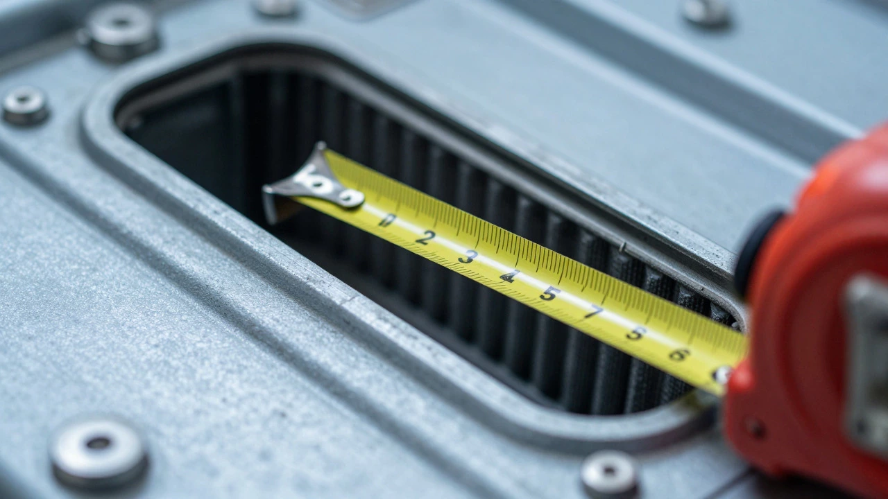 Tape measure checking interior size of filter housing