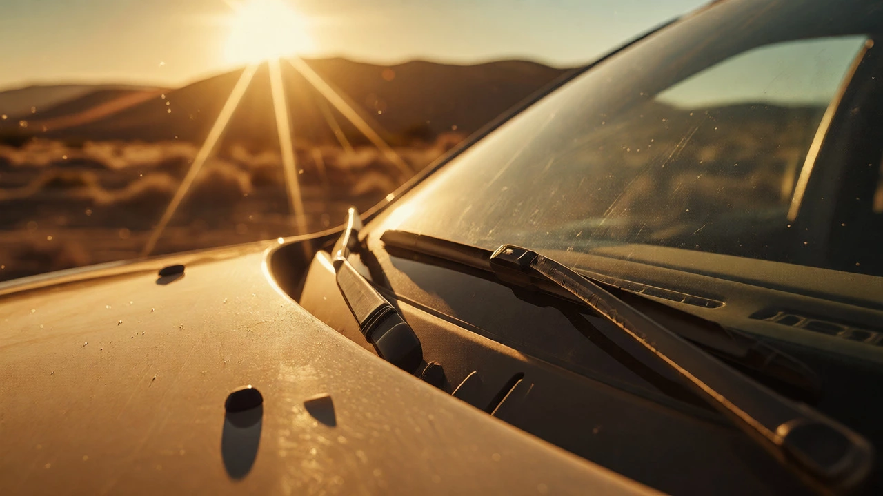 Car wiper blade showing sun damage and cracks in bright desert sunlight