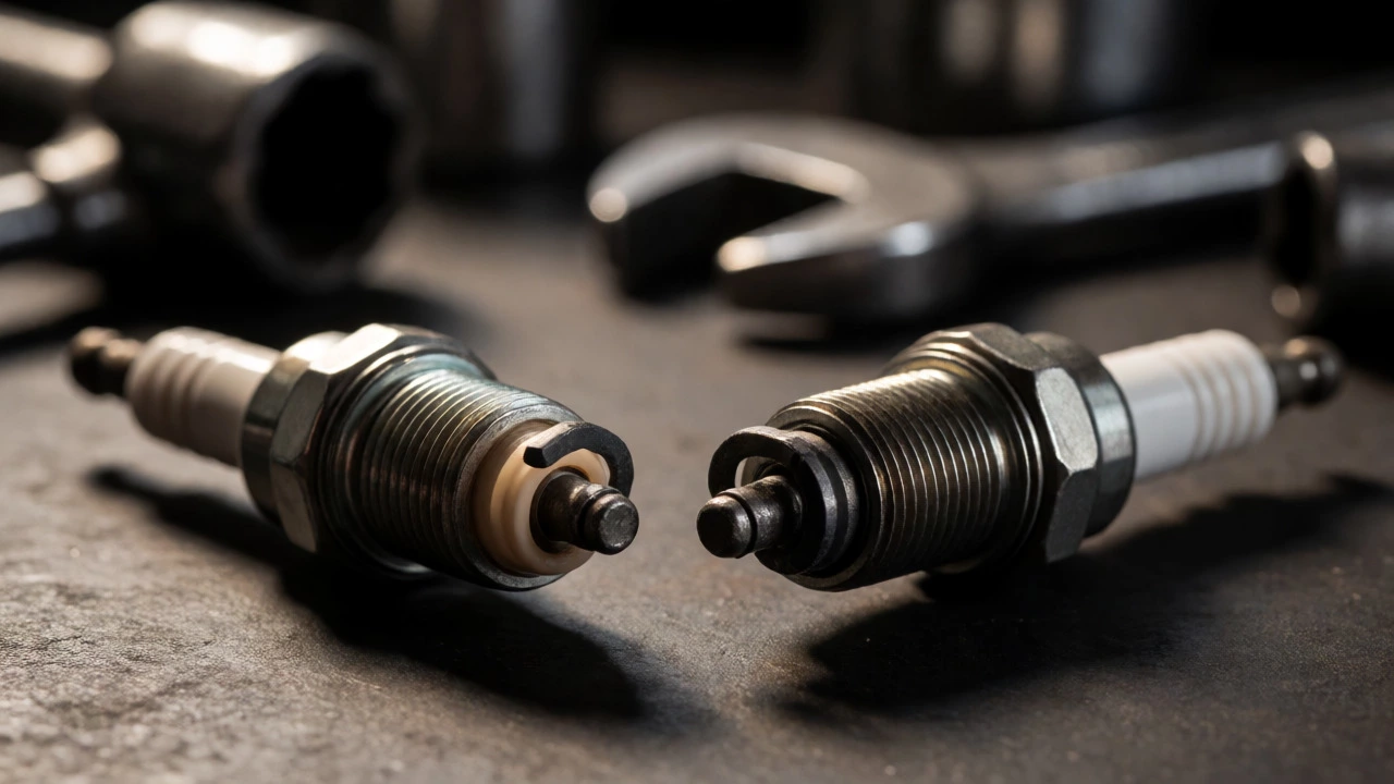Comparison of clean and fouled spark plugs on a mechanic's workbench