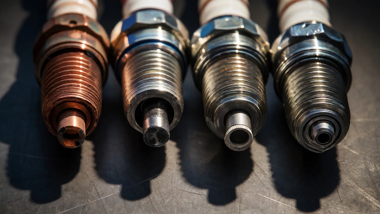 Comparison of copper, platinum, and iridium spark plugs showing wear levels