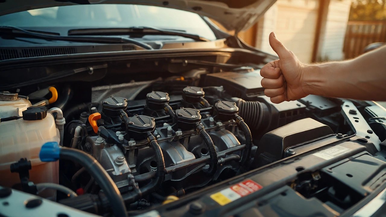 Completed engine bay with installed coils and a thumbs-up gesture