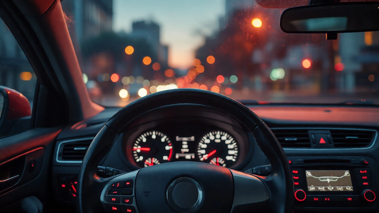 Driver's view of vibrating steering wheel indicating rough idle engine issues