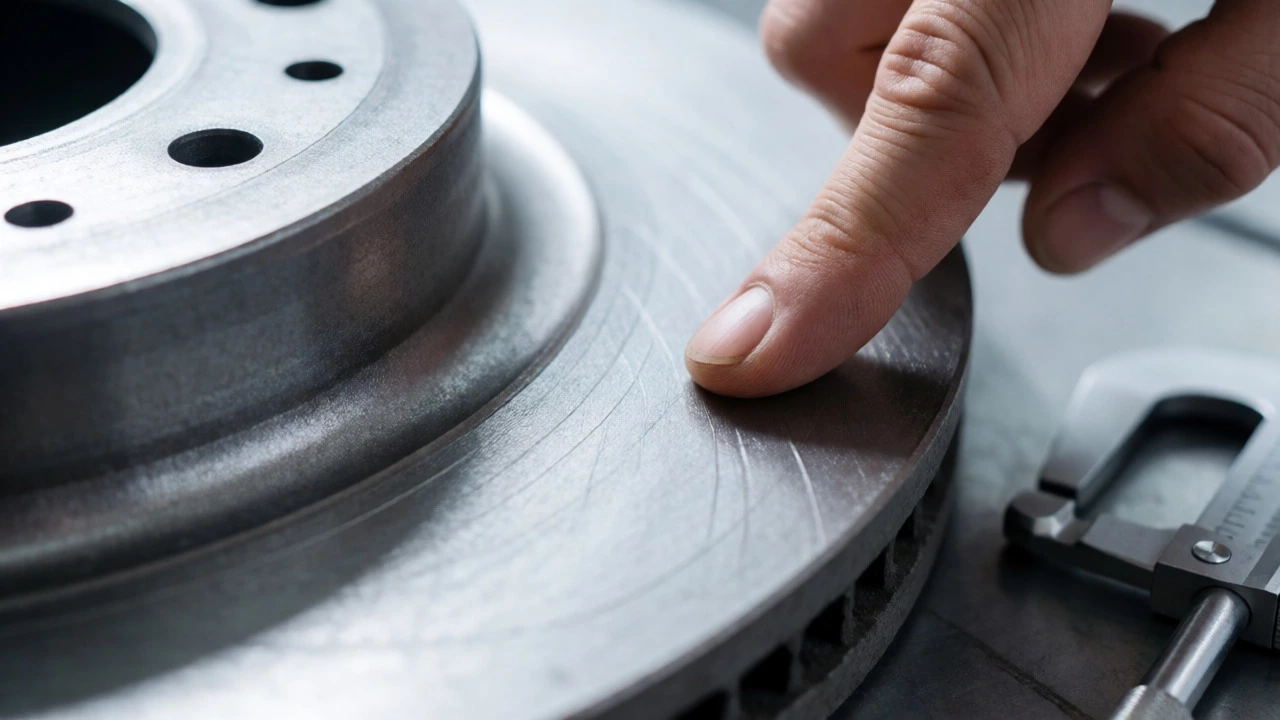 Fingernail checking brake rotor surface for deep scoring and scratches