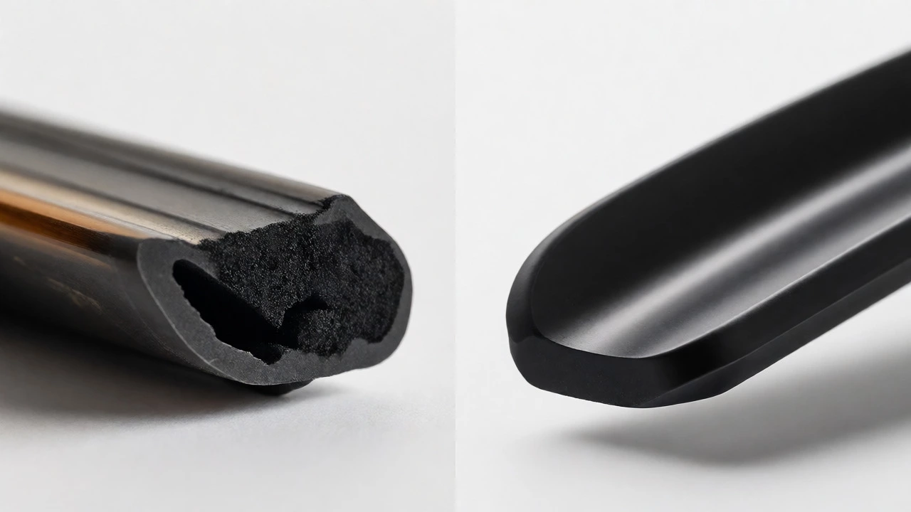 Macro comparison of textured rubber and smooth silicone wiper blade edges