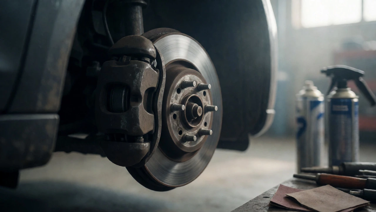 Mechanic installing new ceramic brake pads onto a prepared rotor