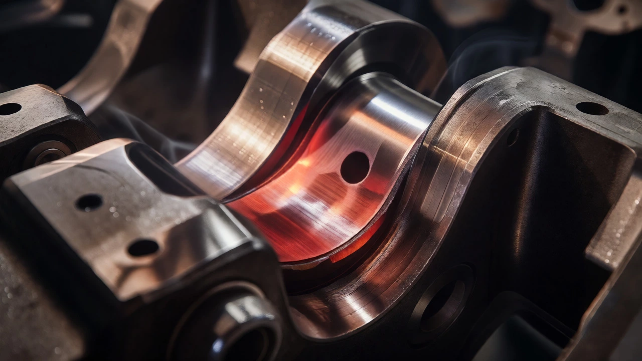 Overheated engine bearings glowing red due to metal-on-metal friction without oil