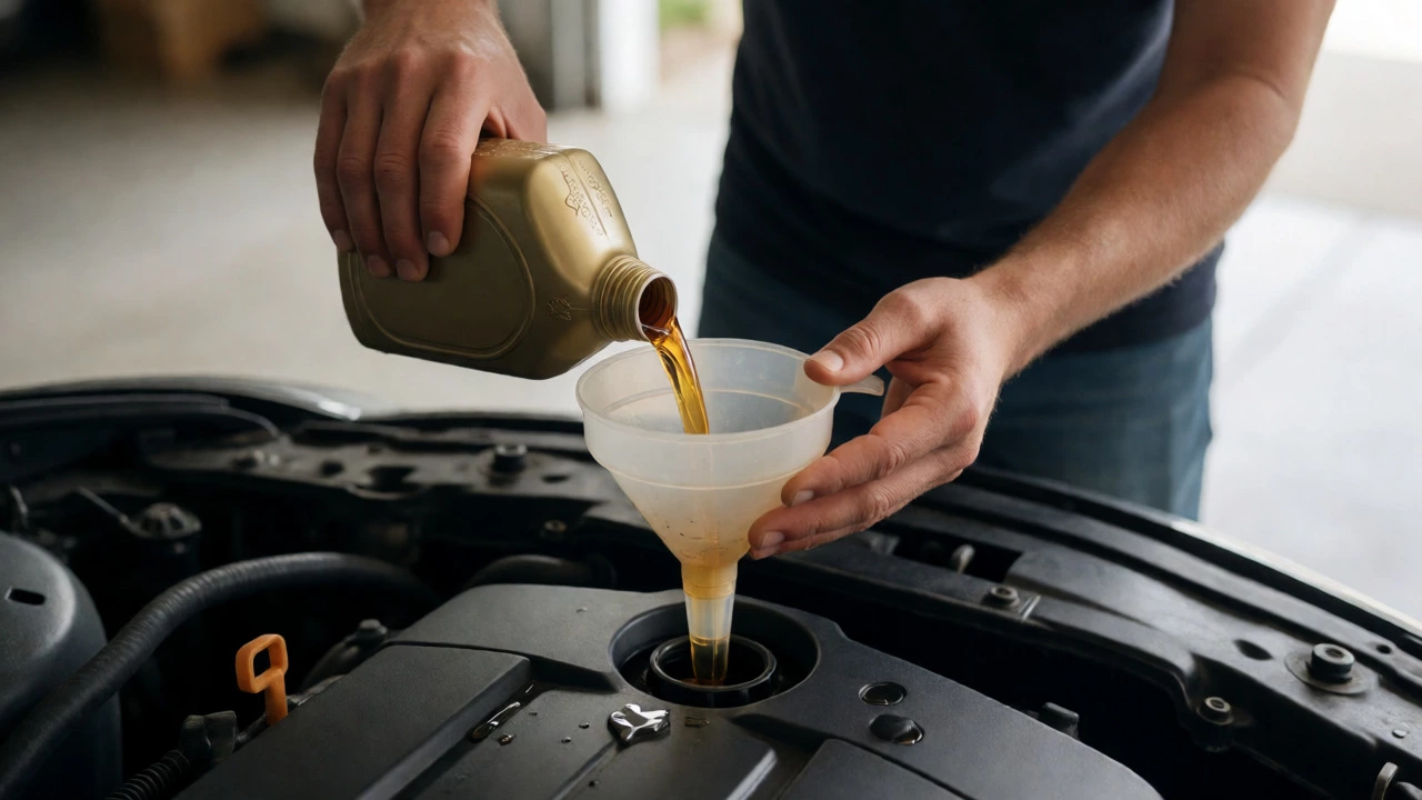 Pouring motor oil into a car engine using a funnel