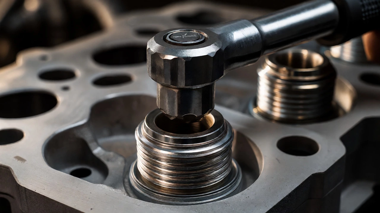 Torque wrench tightening a spark plug into an aluminum cylinder head