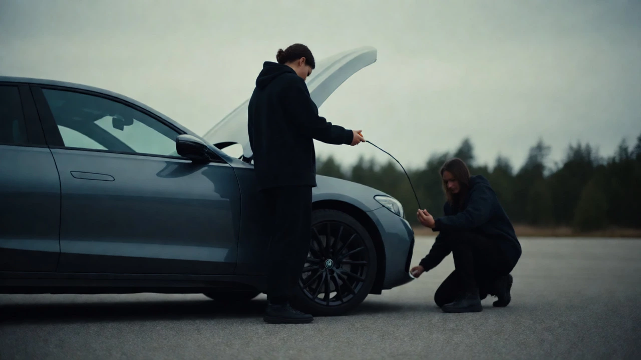 Two people inspecting a car with its hood open for oil issues