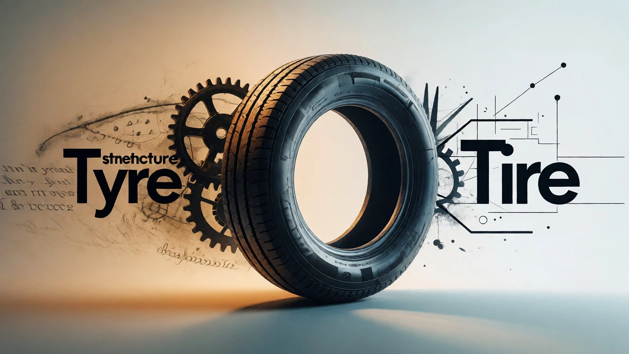 Abstract conceptual art depicting the linguistic evolution of tire versus tyre spellings
