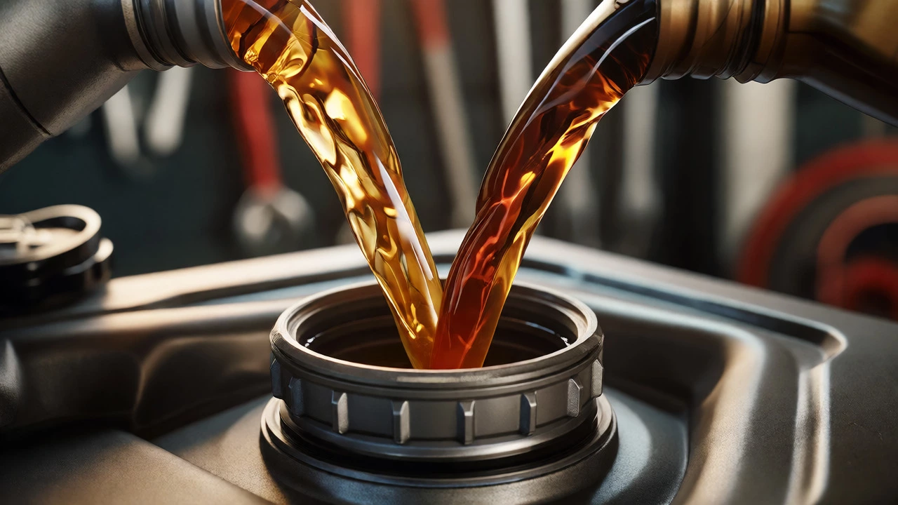 Amber and brown engine oils mixing as they pour into a funnel.