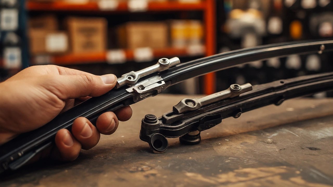 Close-up of new and old windshield wiper blades held in hand
