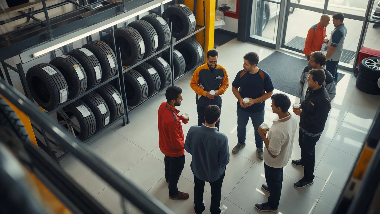 Diverse group of drivers chatting in a modern auto service center with tire racks