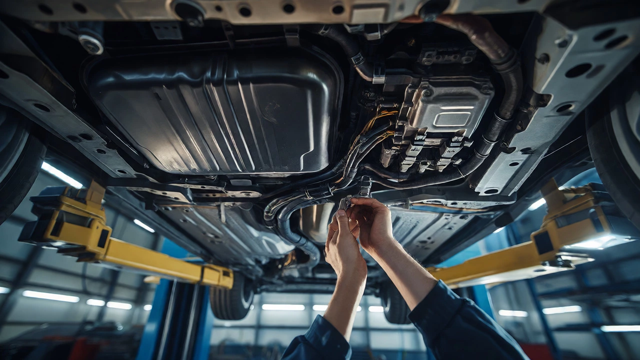 Mechanic inspecting fuel tank wiring under a lifted car