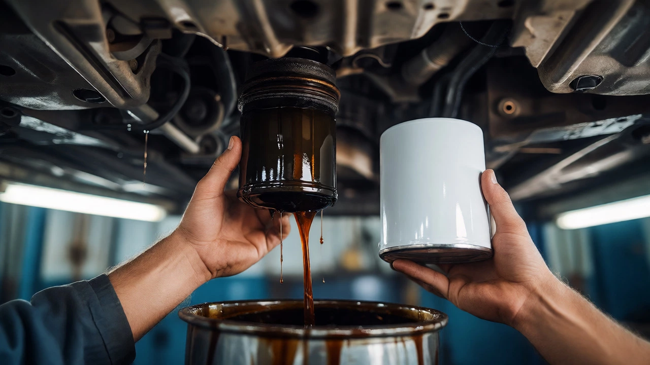 Mechanic replacing a dirty, saturated oil filter with a new one.