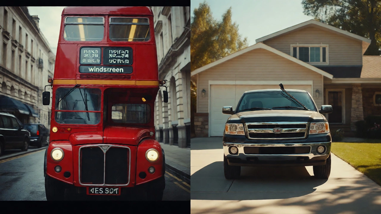Split view comparing rainy UK street and sunny US driveway with cars